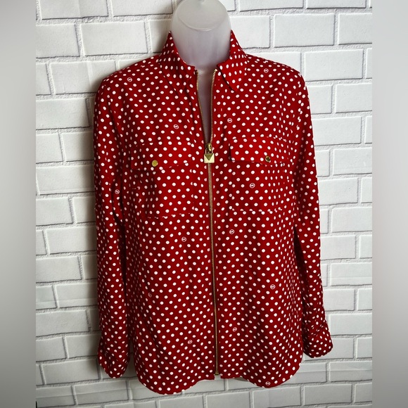 MICHAEL KORS dot print zip front red shirt / size S - Picture 3 of 14